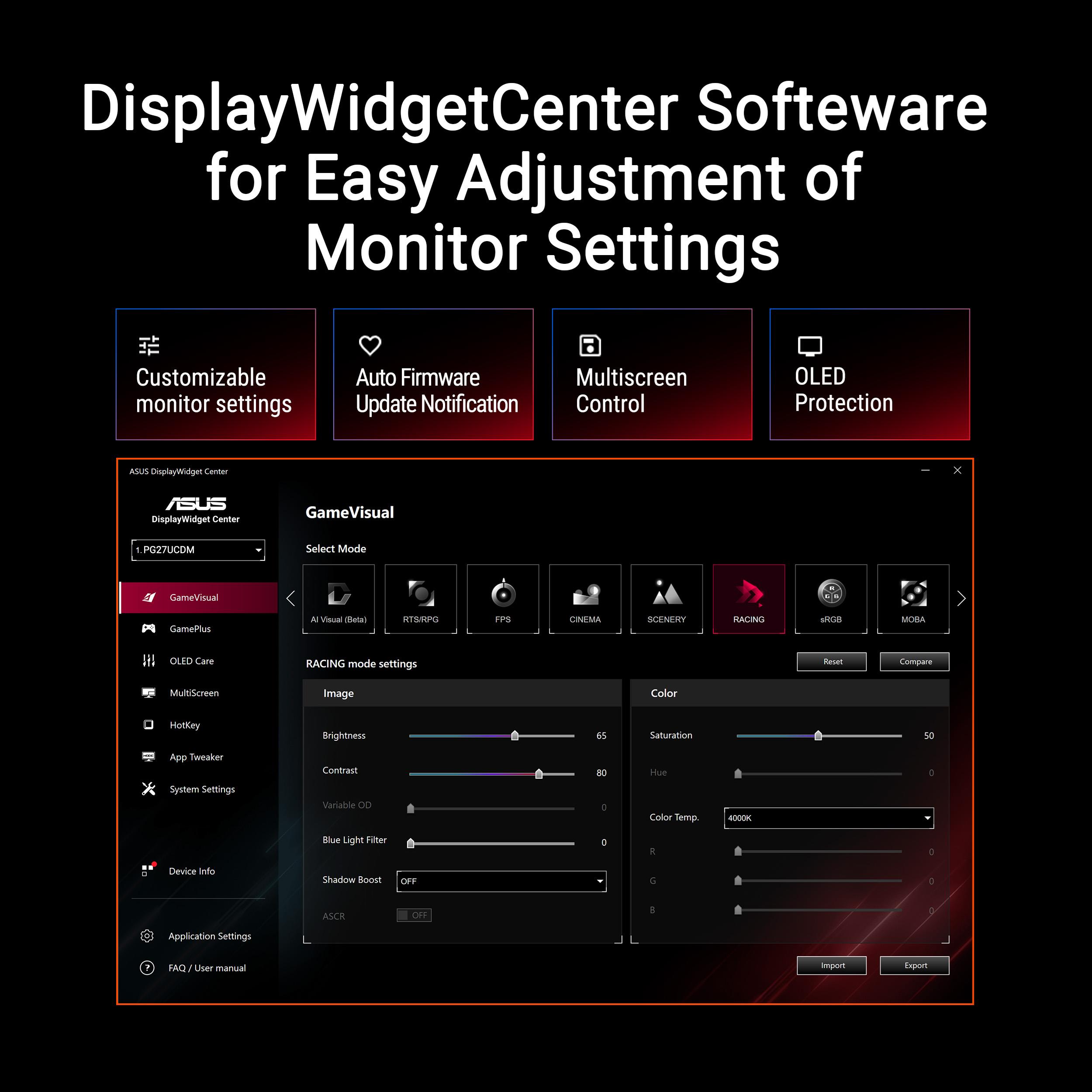 ASUS DisplayWidget Center interface with customizable monitor settings. Features include GameVisual modes, with adjustable brightness and color.
